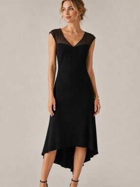 Jones New York NWT Illusion Mesh Midi Dress Size 12 Black Crepe Satin